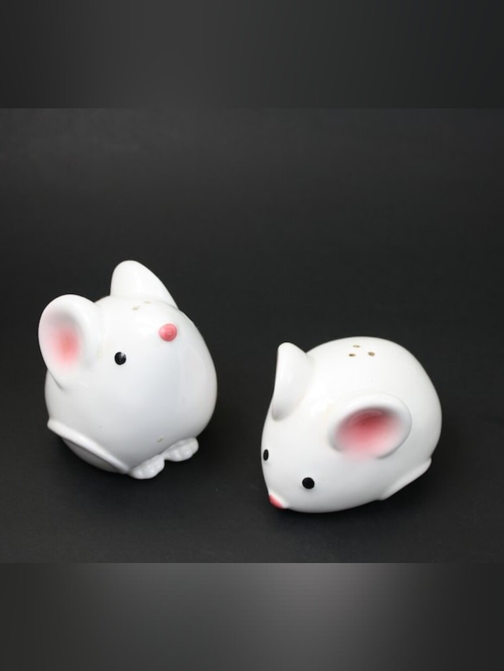 Vintage White Ceramic Mice Salt and Pepper Shakers, Pink Ears